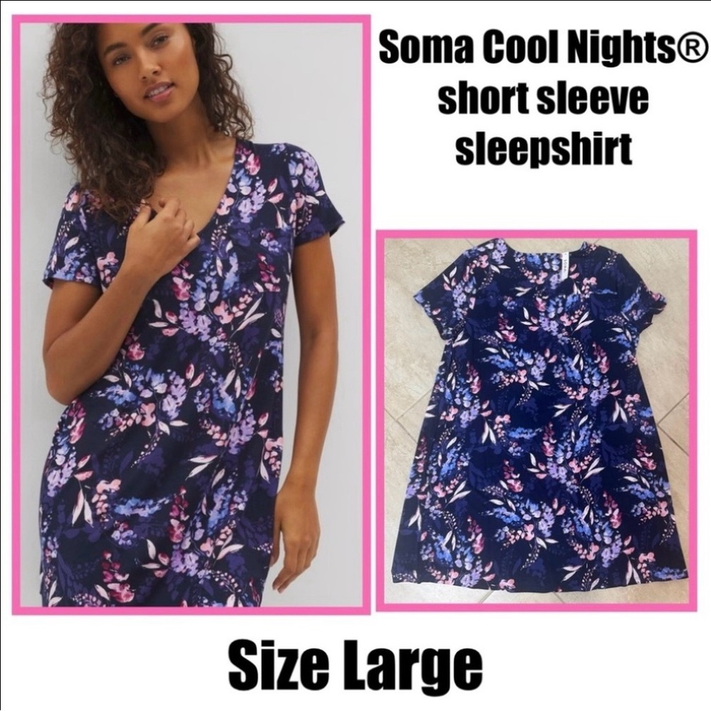 Soma Cool Nights Navy Floral Short Sleeve Sleepshirt Dress
